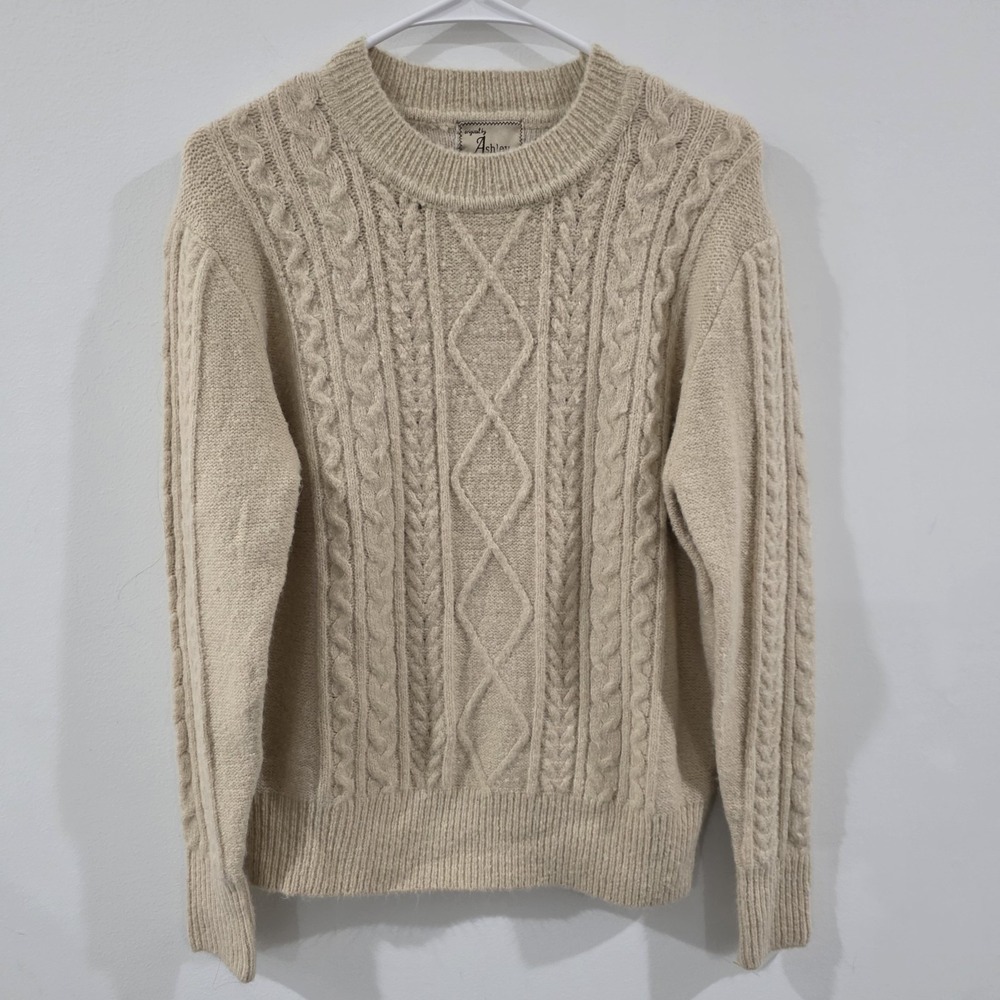 Ashley Womens Cable Knit Fisherman Sweater Size Medium Beige Granola‎ Soft Girl
